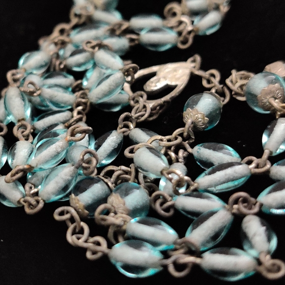 Vintage Blue Glass Rosary Enamel Crucifix INRI - Picture 12 of 13